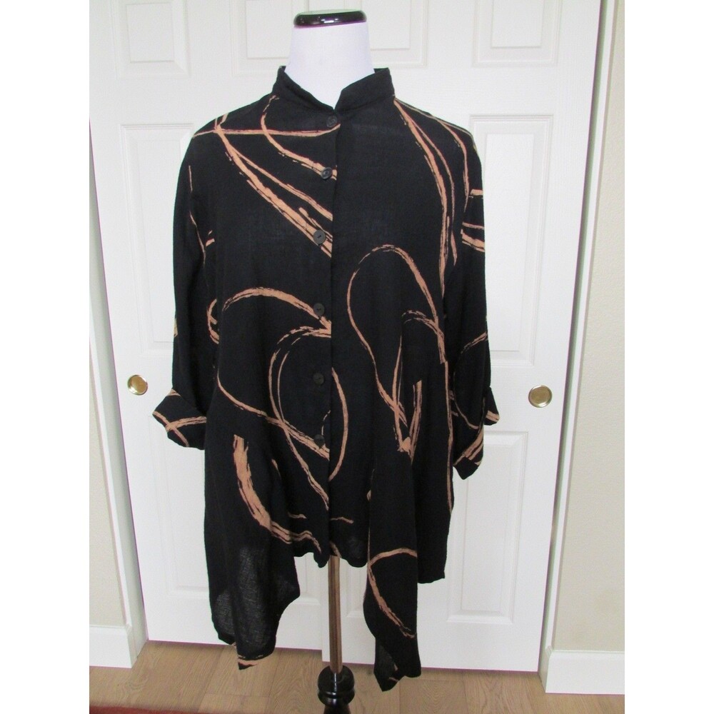 YASUKO Black Peach Lagenlook Asymmetrical Swirl Cotton Tunic Art to Wear Sz M/L